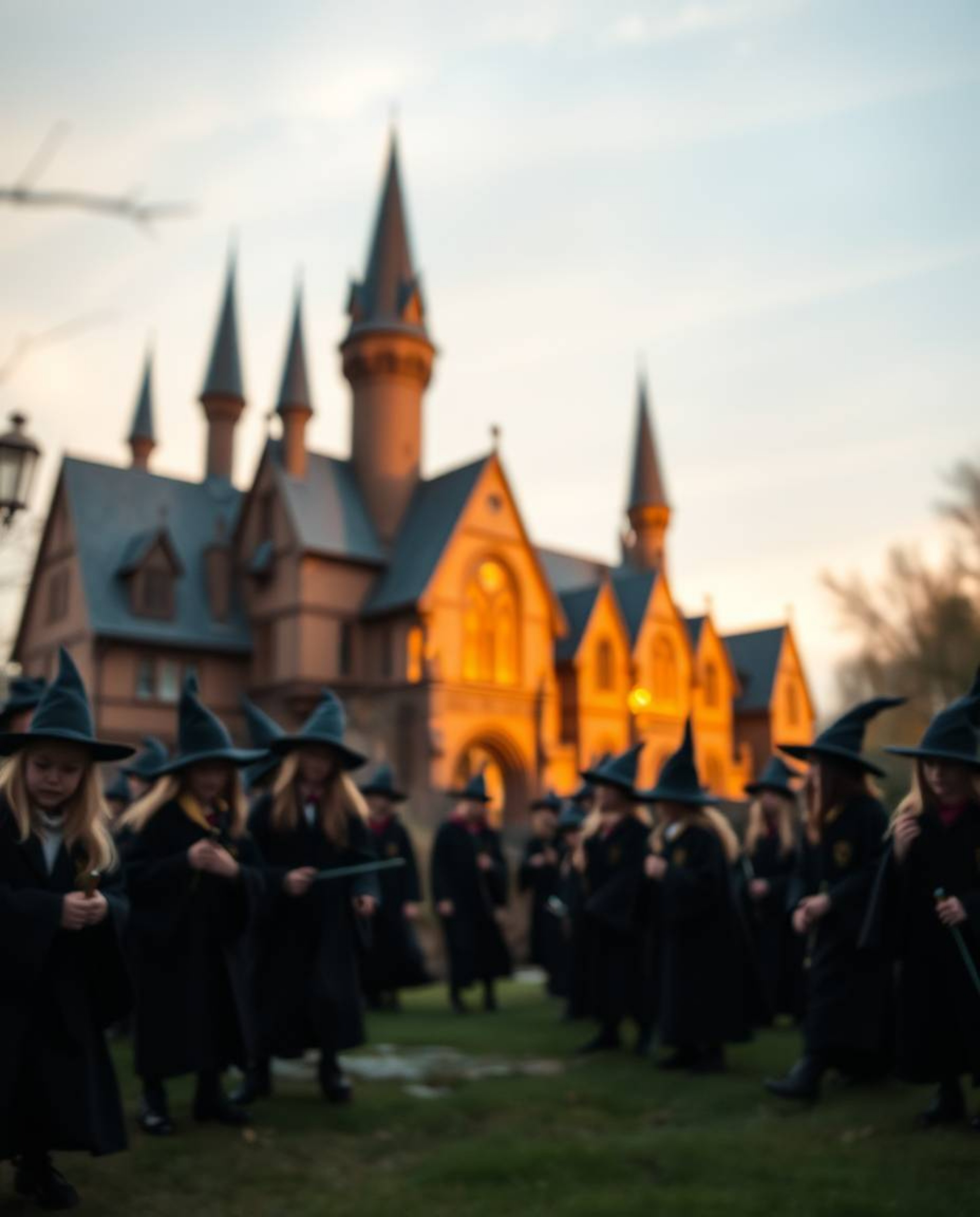 Discover a captivating image of a magical school brimming with young wizards, bathed in the warm, enchanting glow of golden h