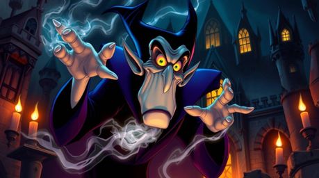 An electric and vivid illustration portrays a classic Disney villain with exaggerated features and menacing dark, glowing eye