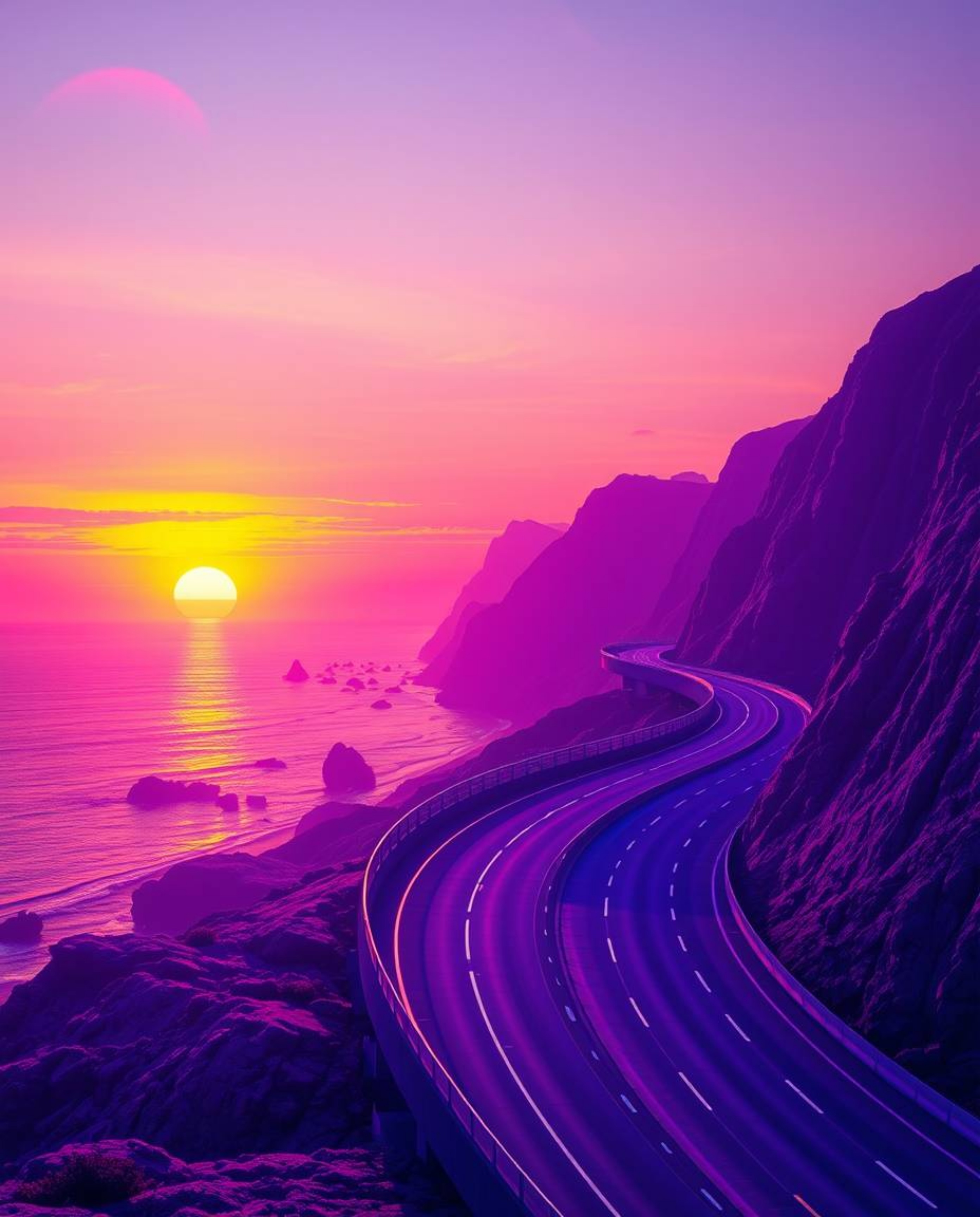 A modern, futuristic scene captures a winding coastal highway at sunset on a massive, heroic scale. The image is distinguishe