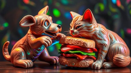 Witness an epic battle between a sculpted dog and cat, rendered in vibrant, iridescent papier-mâché.  Layered textures and na
