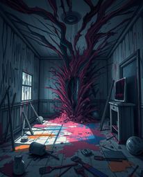 An eerie and unsettling Isekai anime-style depiction of a room exploding with paint, rendered with expressive composition, da