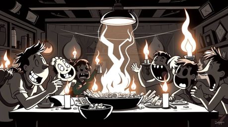 Experience a chaotic and visually stunning black and white cartoon food fight set in a cafeteria. Intense candlelight illumi
