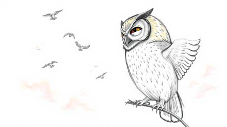 A heartwarming hand-drawn sketch in the style of Pixar depicts a blind owl imparting its wisdom to a group of birds, guiding 