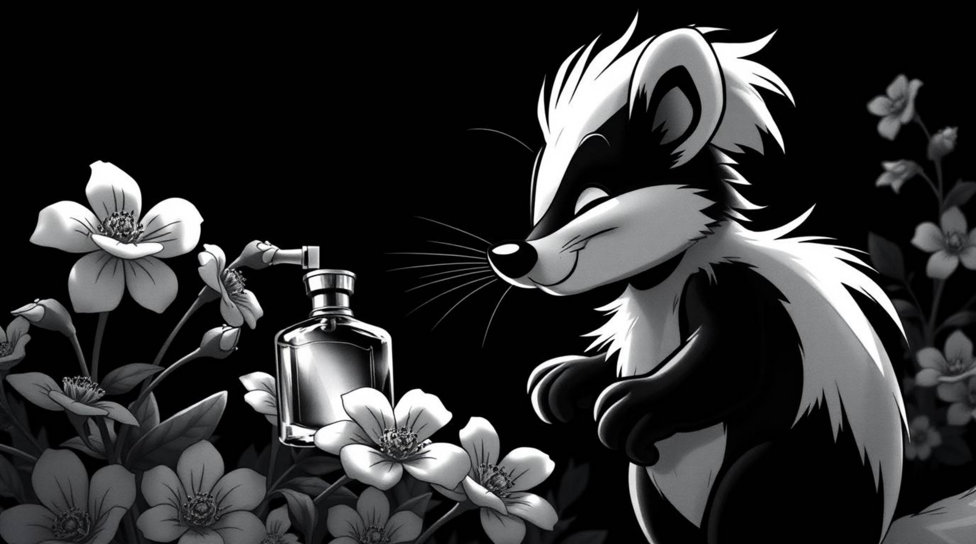A classic black and white close-up featuring a cartoon skunk delicately spraying perfume onto flowers. This elegant and timel