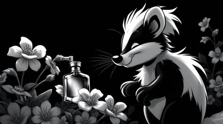 A classic black and white close-up featuring a cartoon skunk delicately spraying perfume onto flowers. This elegant and timel