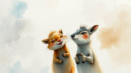 A delicate watercolor painting depicting a duo of talking animals getting into mischief, rendered in a dramatic cinematic sty