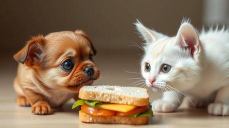 A heartwarming scene unfolds as an adorable brown dog and a white cat with captivating big eyes engage in a playful squabble 