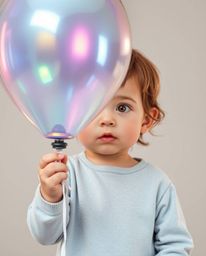 A charming image of a child holding an iridescent balloon, capturing a sense of wonder and joy. The reflective colors and cut