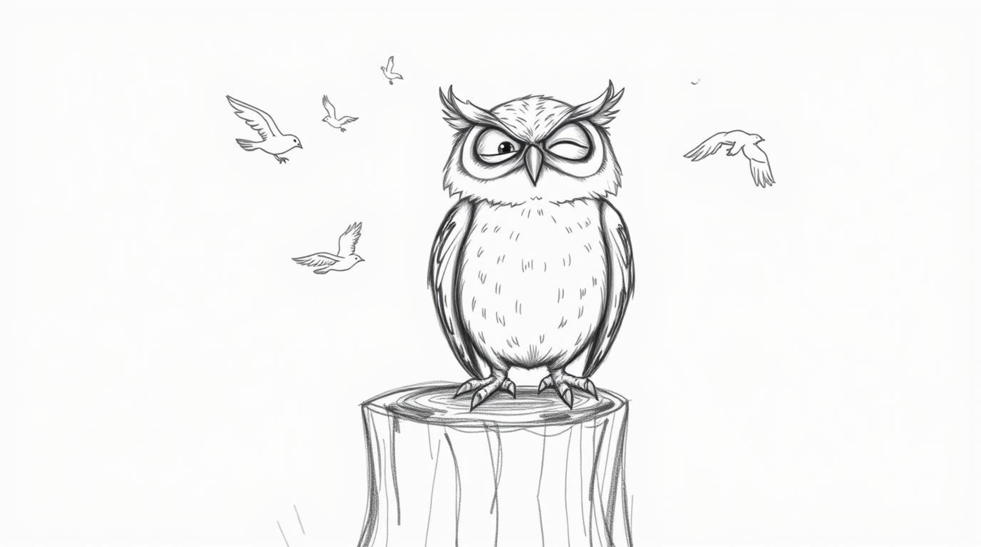 A charming hand-drawn sketch in the style of Pixar depicts a blind owl with expressive wrinkles, joyfully cheering as small b