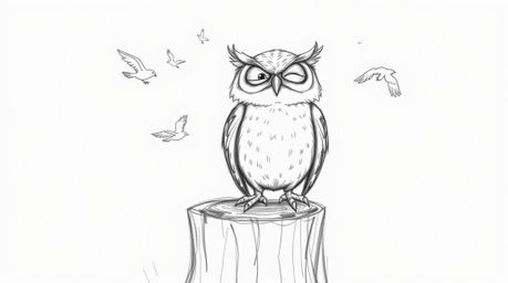 A charming hand-drawn sketch in the style of Pixar depicts a blind owl with expressive wrinkles, joyfully cheering as small b