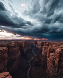A dramatic, high-angle shot captures a breathtaking sunset bathing sandstone cliffs in a canyon, all set under a turbulent, s