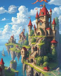 Immerse yourself in a breathtaking image of a colorful kingdom, complete with majestic floating islands and enchanting castle
