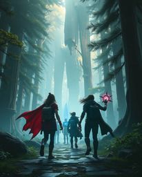 A group of friends, each possessing unique superpowers, embarks on an epic adventure through a sprawling, futuristic forest.