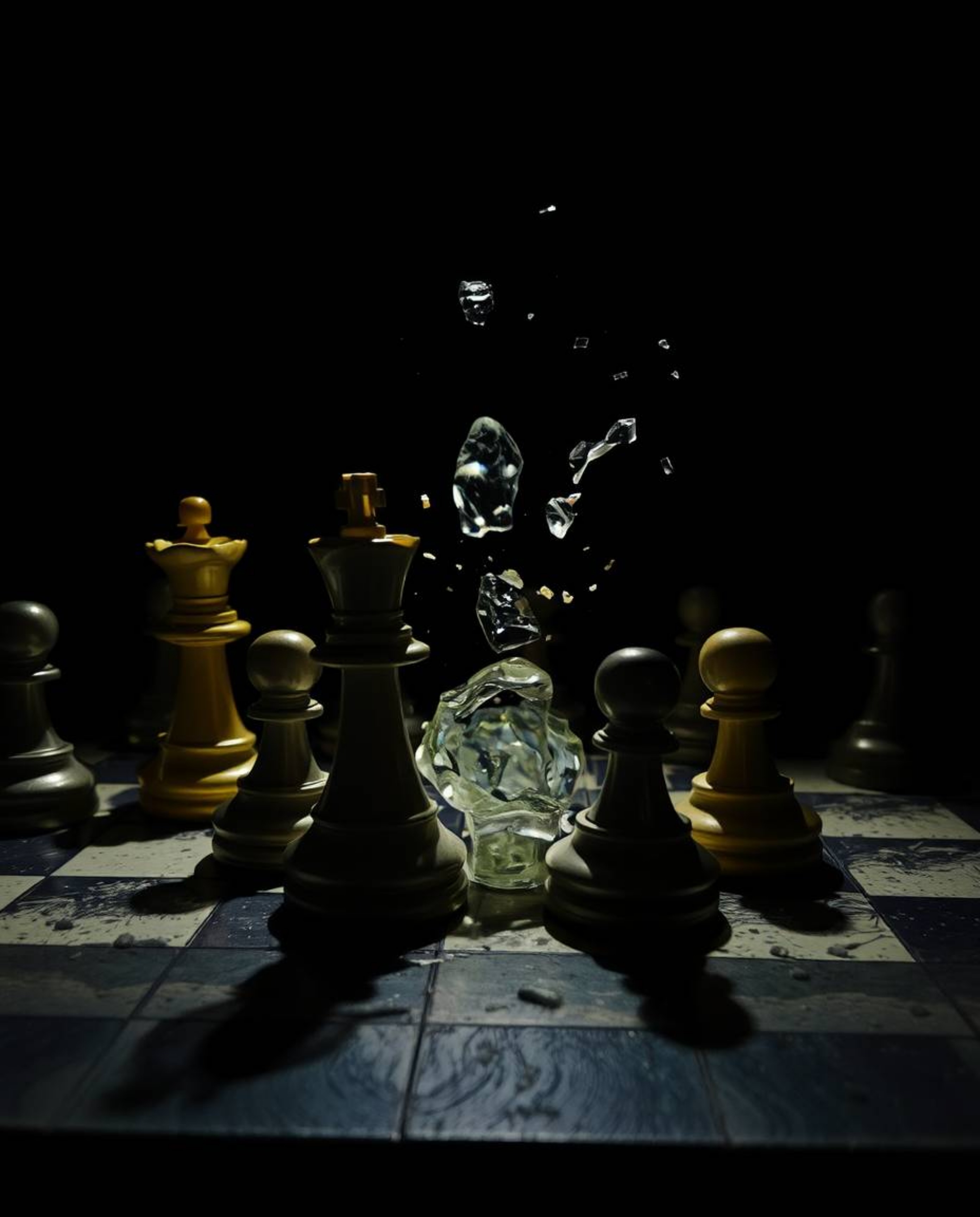 A stunning artwork depicting a chessboard frozen mid-destruction, rendered in a strong and moody style. The piece utilizes co