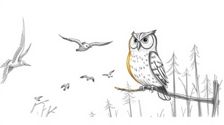 A heartwarming hand-drawn sketch in the style of Pixar depicts a wise-looking blind owl, radiating kindness, guiding fledglin