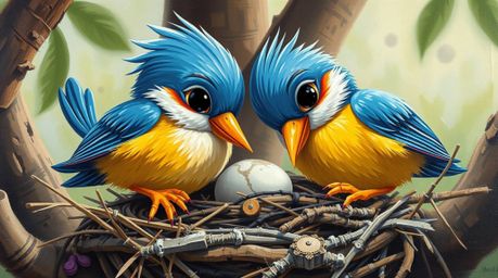 A captivating extreme macro close-up reveals a bold acrylic painting of two cartoon birds diligently constructing their nest.
