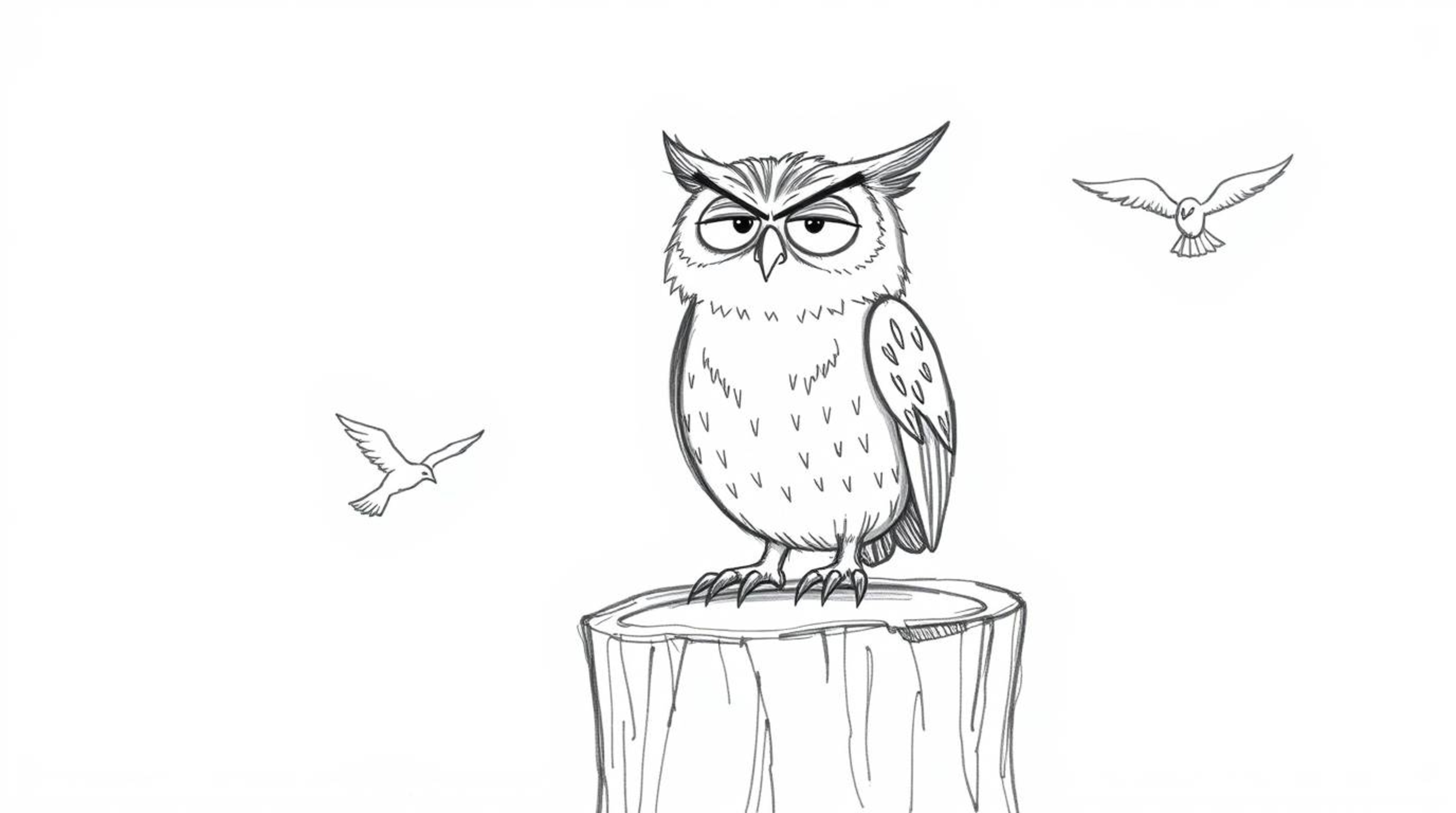 A heartwarming hand-drawn sketch in the style of Pixar depicts a blind owl with incredibly expressive features. Perched upon 