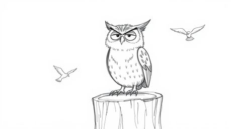 A heartwarming hand-drawn sketch in the style of Pixar depicts a blind owl with incredibly expressive features. Perched upon 