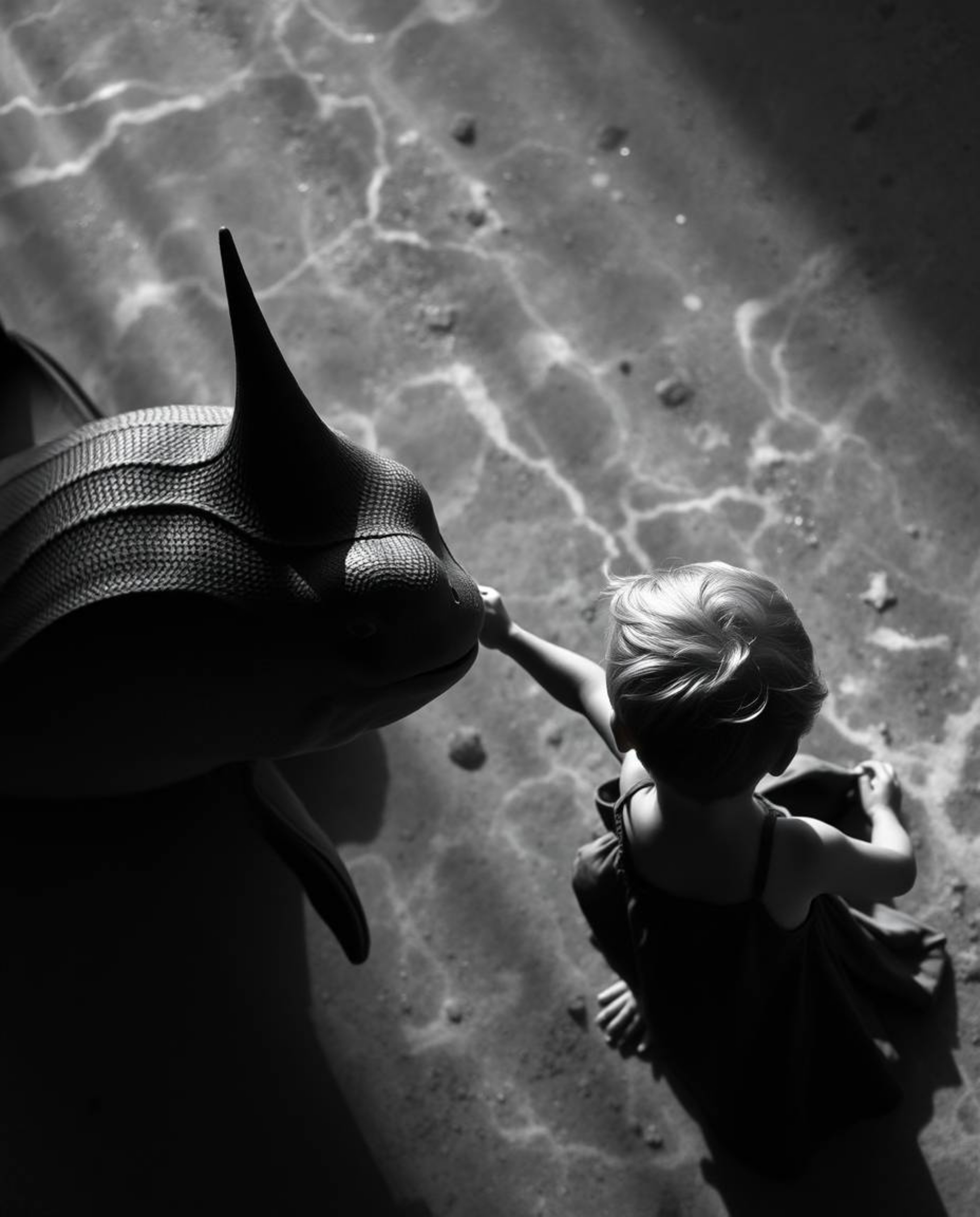 This black and white, high-angle photograph captures a unique friendship forming between a sea creature and a child. The inte