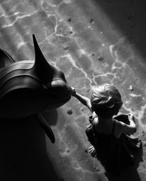 This black and white, high-angle photograph captures a unique friendship forming between a sea creature and a child. The inte