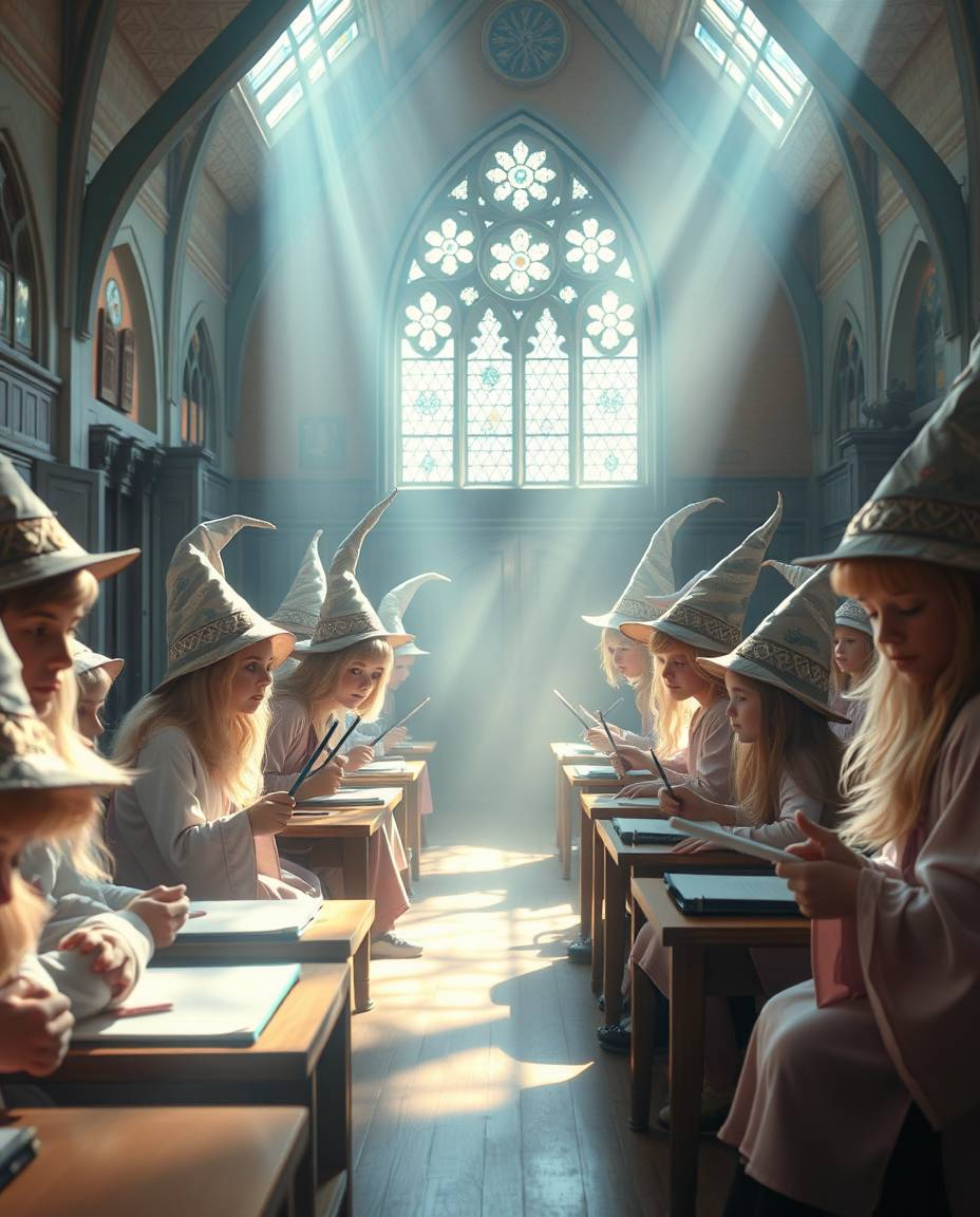 Explore a magical school teeming with young wizards, bathed in bright lens flares and adorned with soft pastel colors. This c
