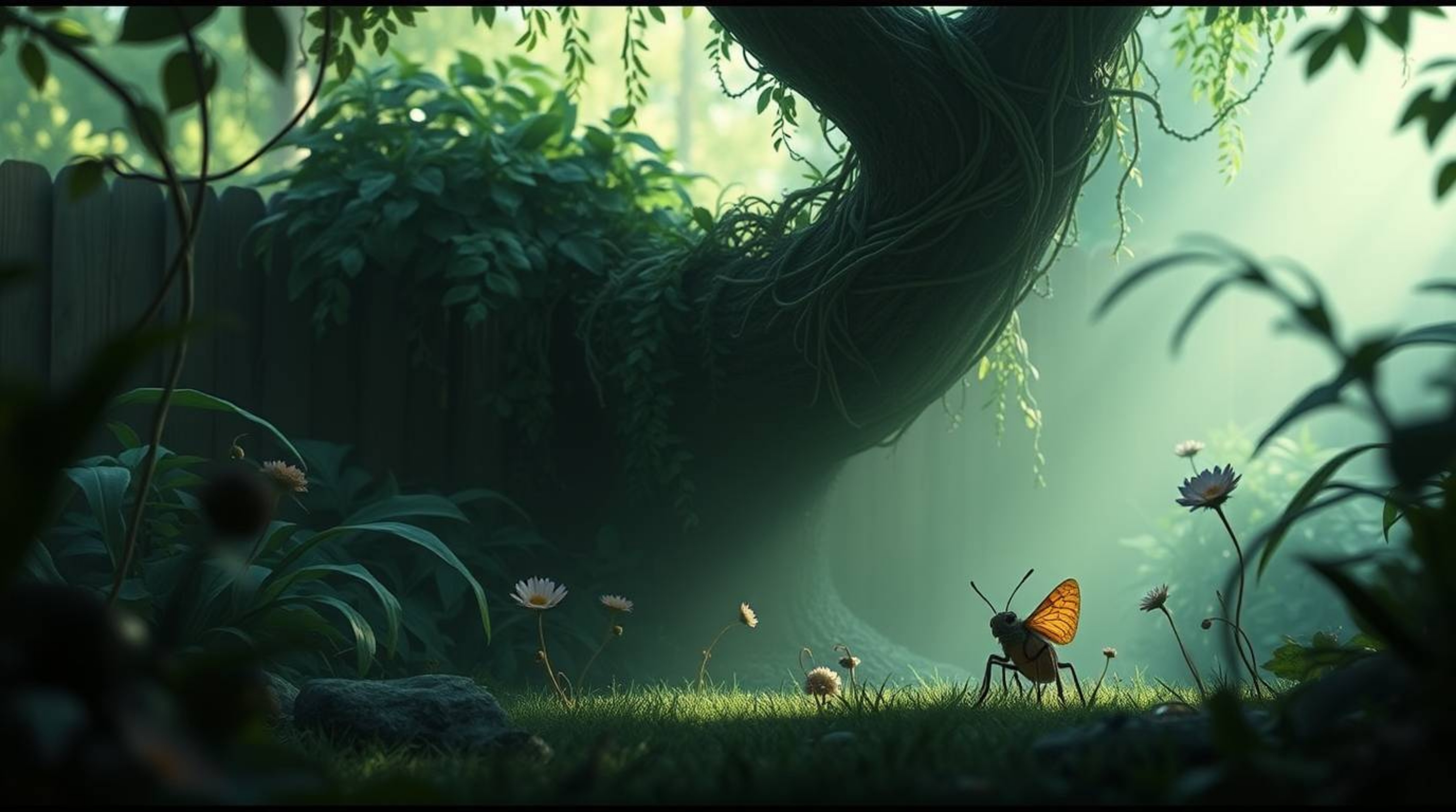 Embark on a surreal and dreamlike adventure in a backyard jungle, where a bug-sized hero explores a world of fantastical elem