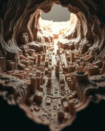 A captivating low-angle perspective sculpture showcasing an abstract city map meticulously crafted from textured and modeled 