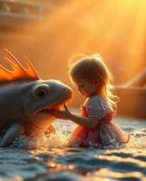 A heartwarming image showcasing the unlikely friendship between a sea creature and a child, bathed in the soft, golden light