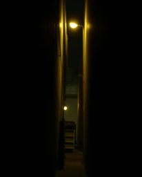 A cinematic and captivating image showcasing eyes watching from the depths of a shadowy alley at night. The high-contrast and