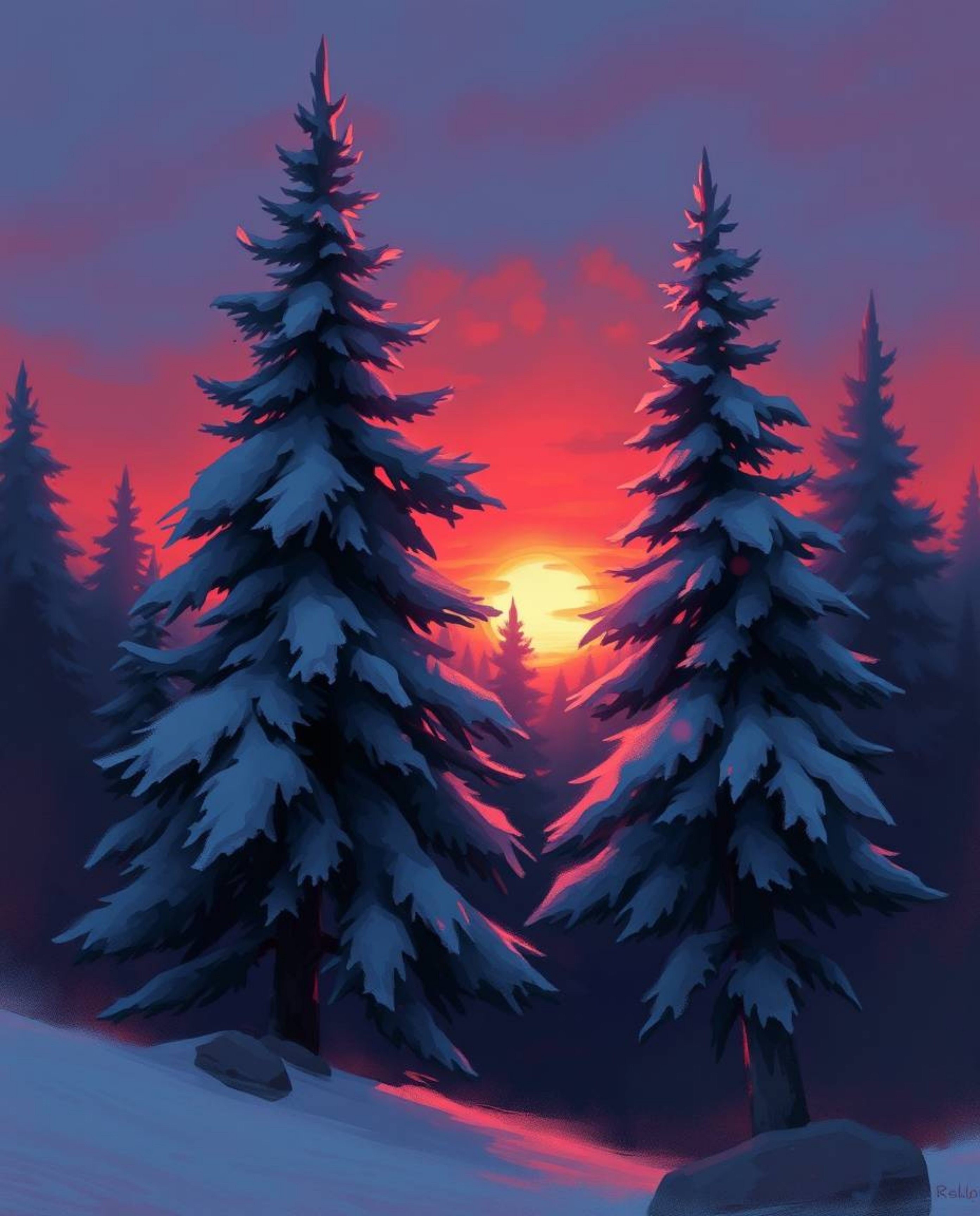 A sophisticated and elegant digital painting depicts sunset light sparkling on snowy pine trees. The artwork uses a rich pale