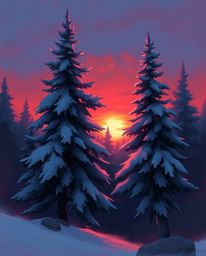 A sophisticated and elegant digital painting depicts sunset light sparkling on snowy pine trees. The artwork uses a rich pale