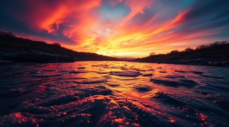 Experience the vibrant energy of an extreme macro close-up capturing a winding river bathed in the dramatic glow of an orange