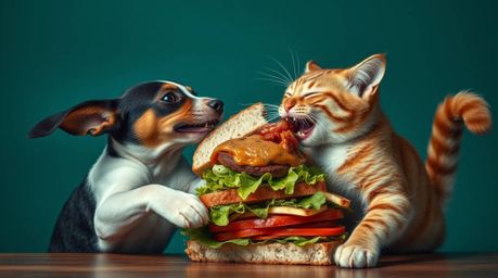 A striking fine art photograph capturing the intense struggle between a dog and a cat over an enormous sandwich. The image bo