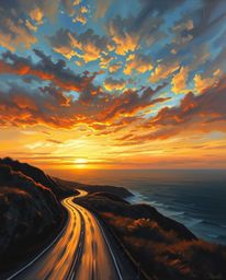 This is a classic oil painting of a sunset sky over a winding coastal highway. The artwork is characterized by intense dramat