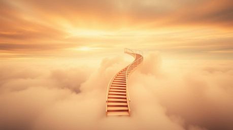 This fine art photograph captures a dreamy and ethereal scene, featuring a cute and charming winding stairway formed from smo