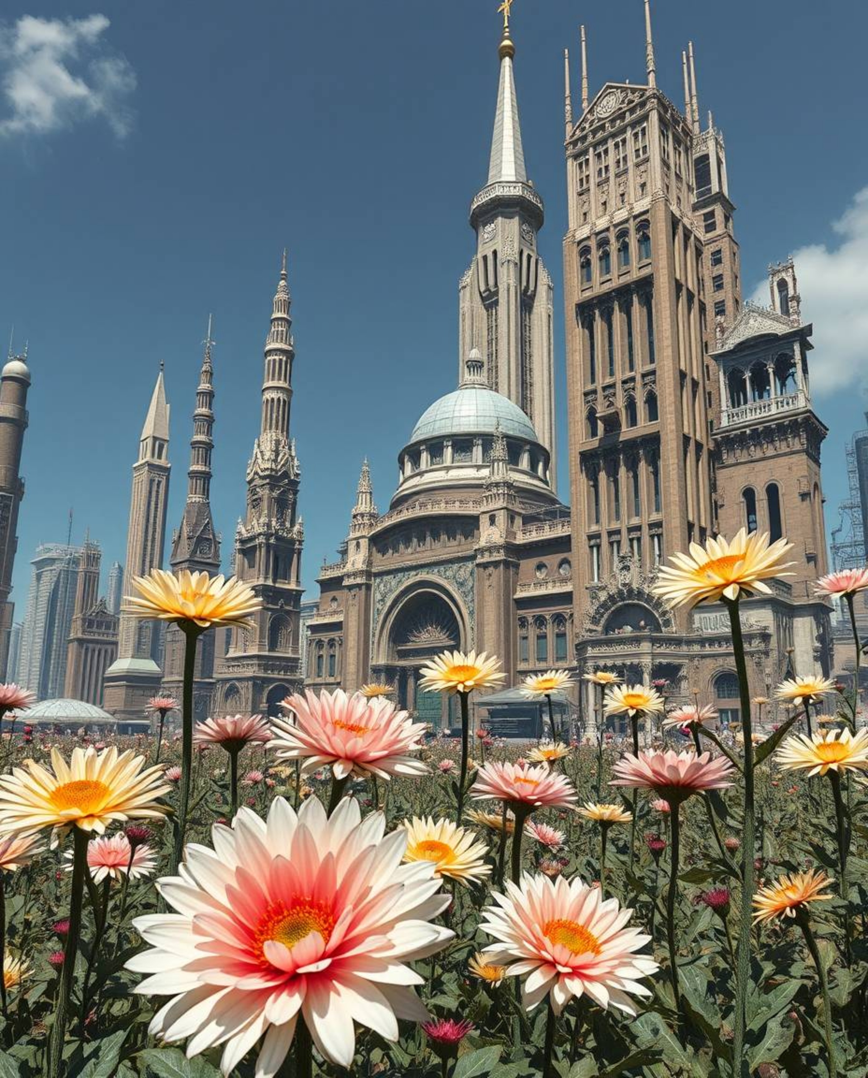 Explore the stark contrast of delicate flowers blooming amidst the crumbling architecture of a post-apocalyptic city. This se