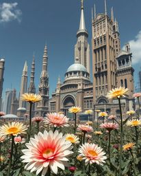 Explore the stark contrast of delicate flowers blooming amidst the crumbling architecture of a post-apocalyptic city. This se