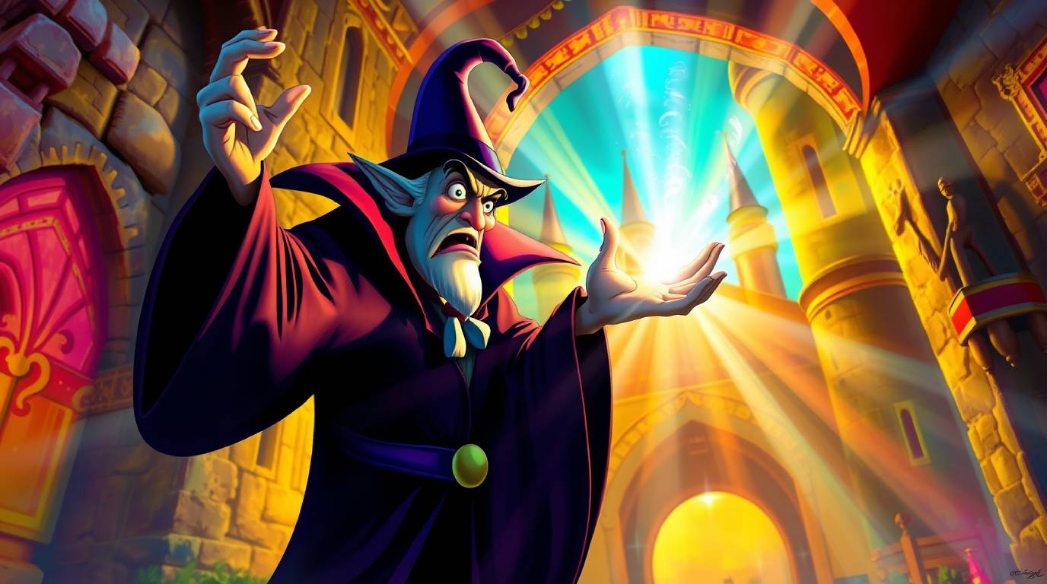 A captivating digital painting depicts a classic Disney villain casting a spell within a brightly lit, ancient castle. The a