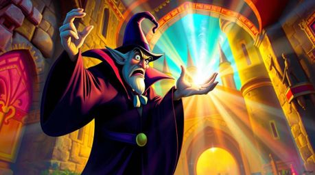 A captivating digital painting depicts a classic Disney villain casting a spell within a brightly lit, ancient castle. The a