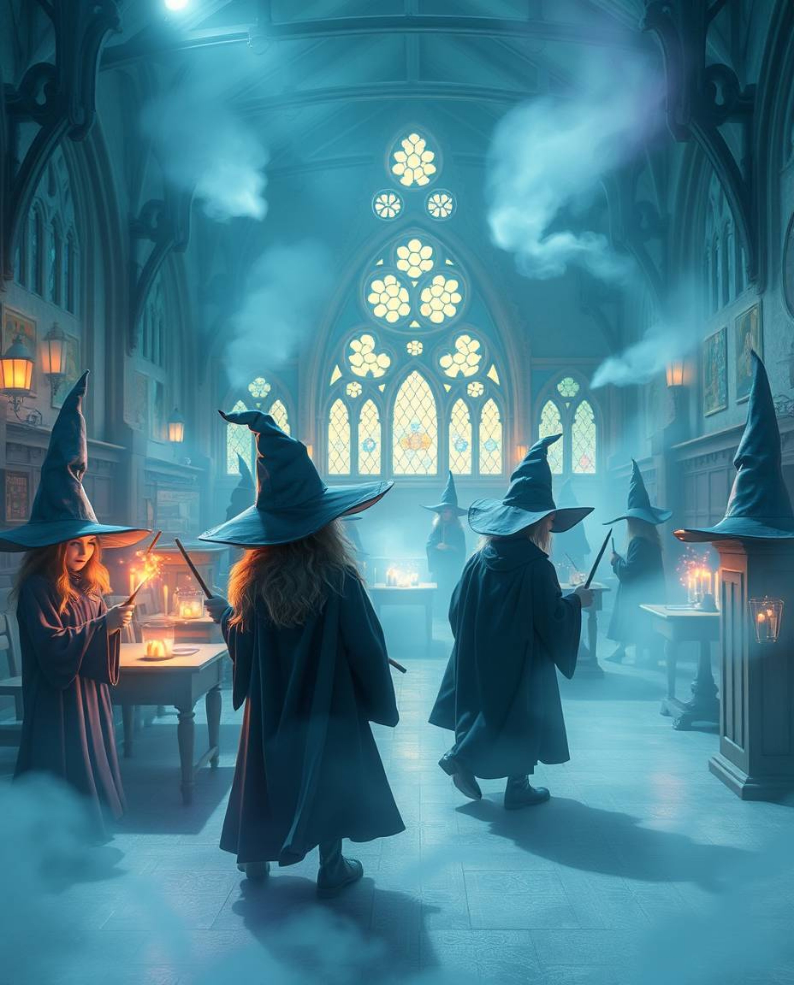 Immerse yourself in a magical school teeming with young wizards, bathed in a soft, dreamy atmosphere.  The environment boasts