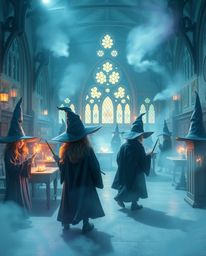 Immerse yourself in a magical school teeming with young wizards, bathed in a soft, dreamy atmosphere.  The environment boasts