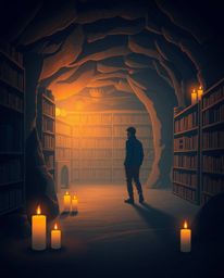 A captivating image showcasing a person's awe-inspiring discovery of a hidden underground library, softly lit by the gentle f