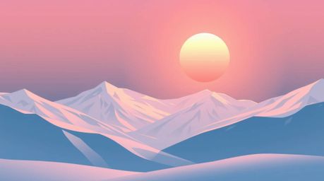 This illustration captures the serene beauty of snow-covered mountains bathed in the soft glow of a pastel sunset. The modern