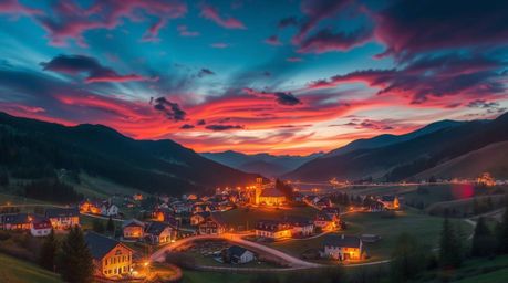 Discover a stunning high-resolution stock photo showcasing a charming village nestled in a picturesque valley under a vibrant