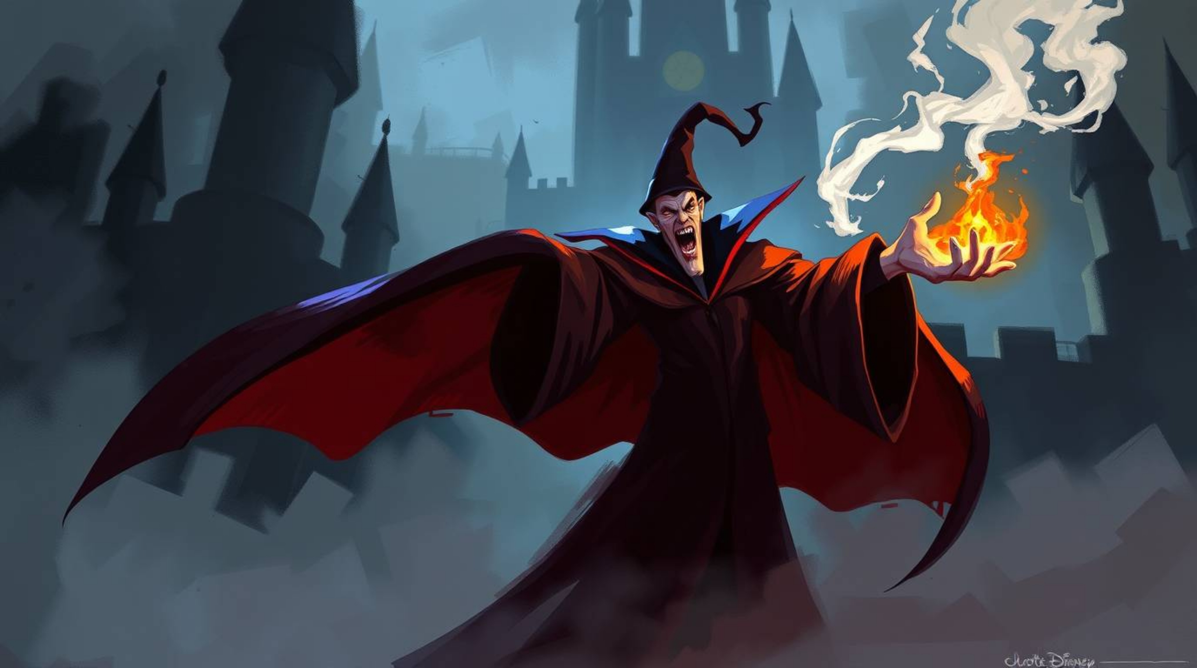 A vibrant digital sketch showcases a classic Disney villain casting a spell within a misty castle. The artwork utilizes comp