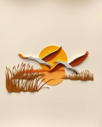 An intricate origami-style artwork depicting herons flying in a golden hour wetlands scene. This piece is characterized by it