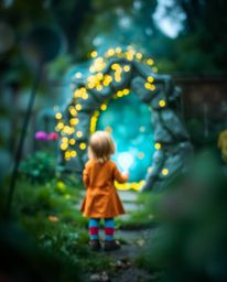 A dreamlike and surreal image captures a child's enchanting discovery of a magical portal in their own backyard. The blurred