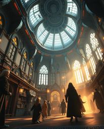 Experience a captivating low-angle perspective of a magical school brimming with young wizards, reimagined in a futuristic sc
