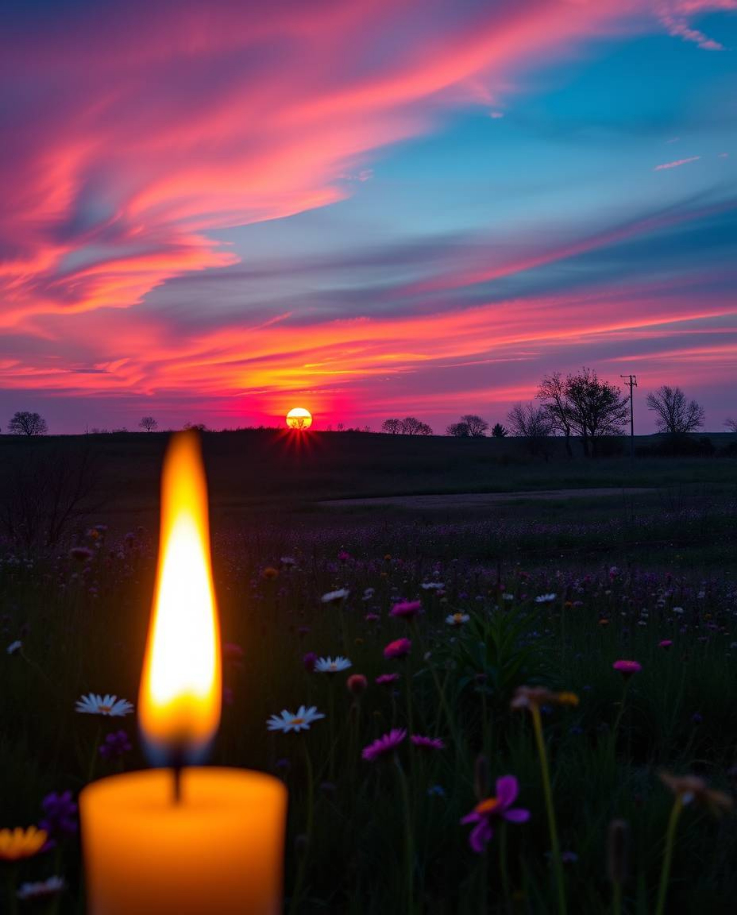 A high-resolution stock photo depicts a luxurious and vibrant spring sunset over a wildflower meadow, saturated in rich, deep
