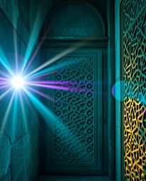 Experience the beauty of Islamic geometric patterns in this stunning digital painting. Rich, deep teal hues are illuminated b